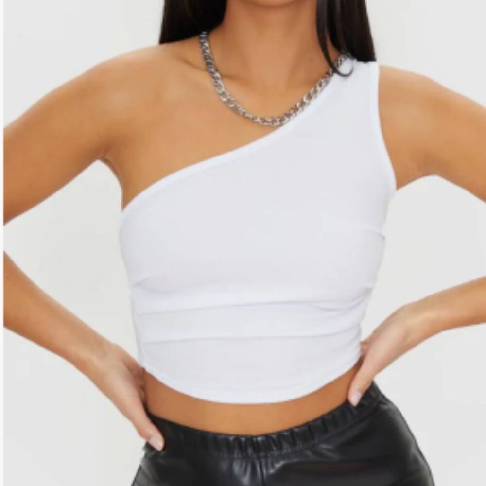 Petite White Ruched Side One Shoulder Crop Top (Small)